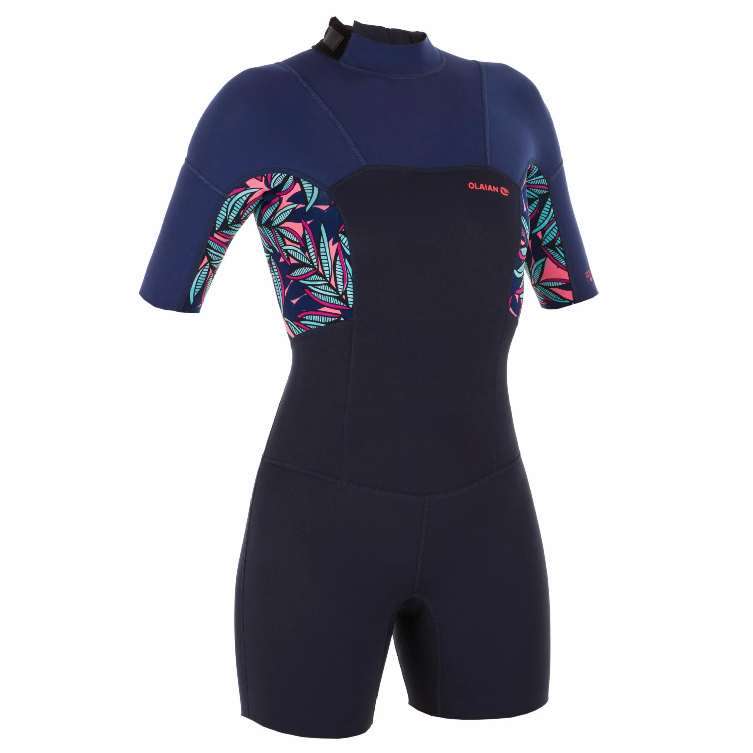 OLAIAN Women's Surfing Shorty short-sleeved with back zip 500 WAKU Navy blue/Galaxy blue/Fluo coral pink 2 OLAIAN Women's Surfing Shorty short-sleeved with back zip 500 WAKU Navy blue/Galaxy blue/Fluo coral pink - Image 2