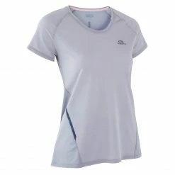 KALENJI WOMEN'S RUN LIGHT T-SHIRT Light grey/PURPLE