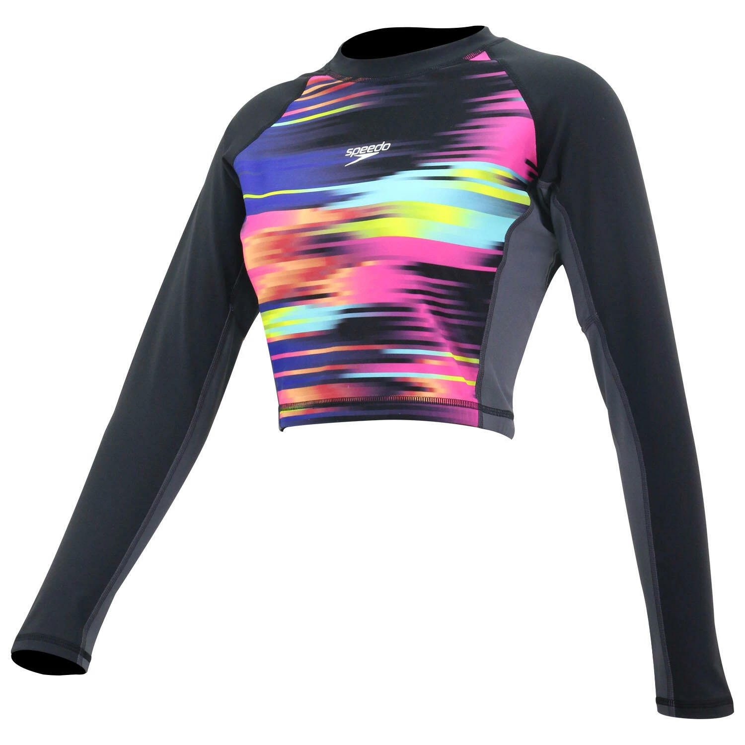 SPEEDO DELUXE PRINTED LADIES' LONG SLEEVE CROPPED RASHGUARD BLACK 1 SPEEDO DELUXE PRINTED LADIES' LONG SLEEVE CROPPED RASHGUARD BLACK