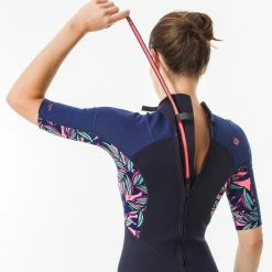 OLAIAN Women's Surfing Shorty short-sleeved with back zip 500 WAKU Navy blue/Galaxy blue/Fluo coral pink 15 OLAIAN Women's Surfing Shorty short-sleeved with back zip 500 WAKU Navy blue/Galaxy blue/Fluo coral pink -Women Sports Elegant Store k5981f9d447e6323384f1c313185f0b7c