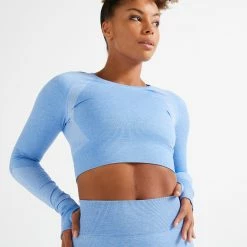 DOMYOS Long-Sleeved Cropped Seamless Fitness T-Shirt BLUE/Iced coffee -Women Sports Elegant Store k660fe515f69a923880ce5059b42ddb7d