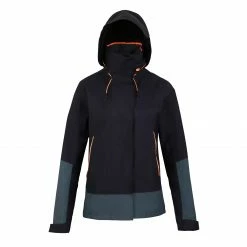 TRIBORD Women's sailing waterproof jacket SAILING 300 Asphalt blue/Storm grey/Fluo coral orange