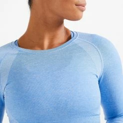DOMYOS Long-Sleeved Cropped Seamless Fitness T-Shirt BLUE/Iced coffee -Women Sports Elegant Store k924b1ef19b94cb00def603574dc4f970