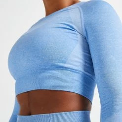 DOMYOS Long-Sleeved Cropped Seamless Fitness T-Shirt BLUE/Iced coffee -Women Sports Elegant Store kbde2098b3adbeff17e7689abcebcacf1