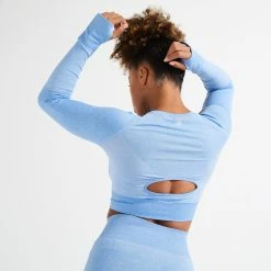 DOMYOS Long-Sleeved Cropped Seamless Fitness T-Shirt BLUE/Iced coffee -Women Sports Elegant Store kc6755012c064ca9250ff21a8ee6dc3f8