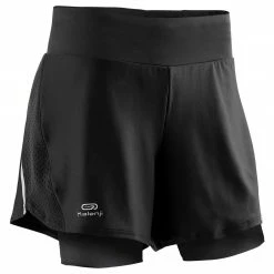 KALENJI RUN DRY + WOMEN'S SHORTS BUILT-IN TIGHT SHORTS - BLACK BLACK/BLACK