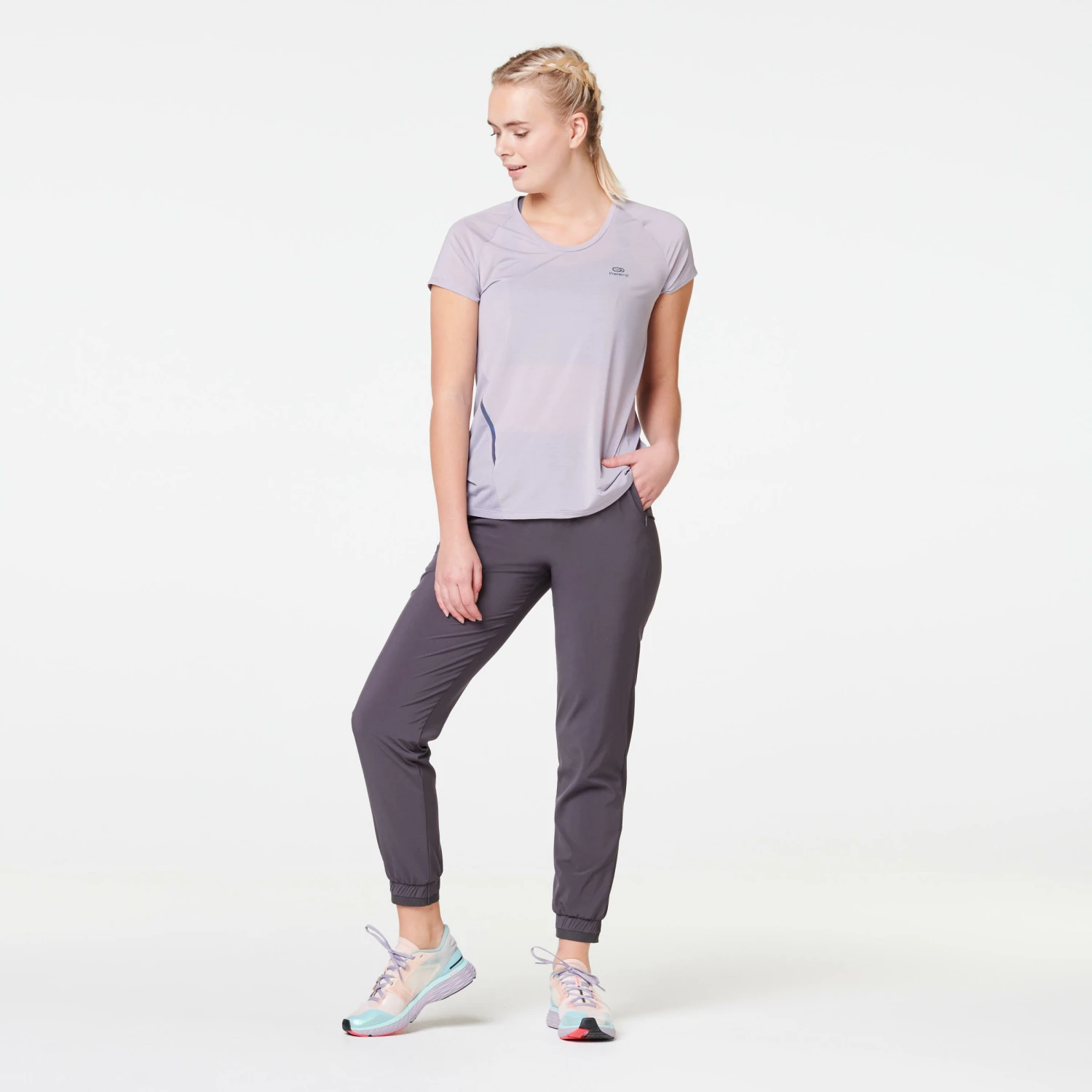 KALENJI WOMEN'S RUN LIGHT T-SHIRT Light grey/PURPLE 4 KALENJI WOMEN'S RUN LIGHT T-SHIRT Light grey/PURPLE - Image 4